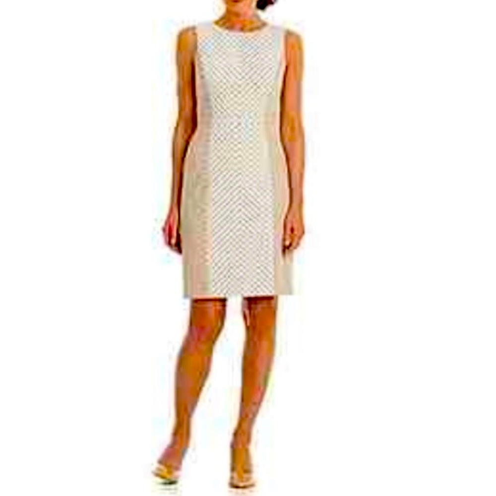 Alex Marie Tan and White Chevron Sleeveless Crew Neck Sheath Dress - Size 8